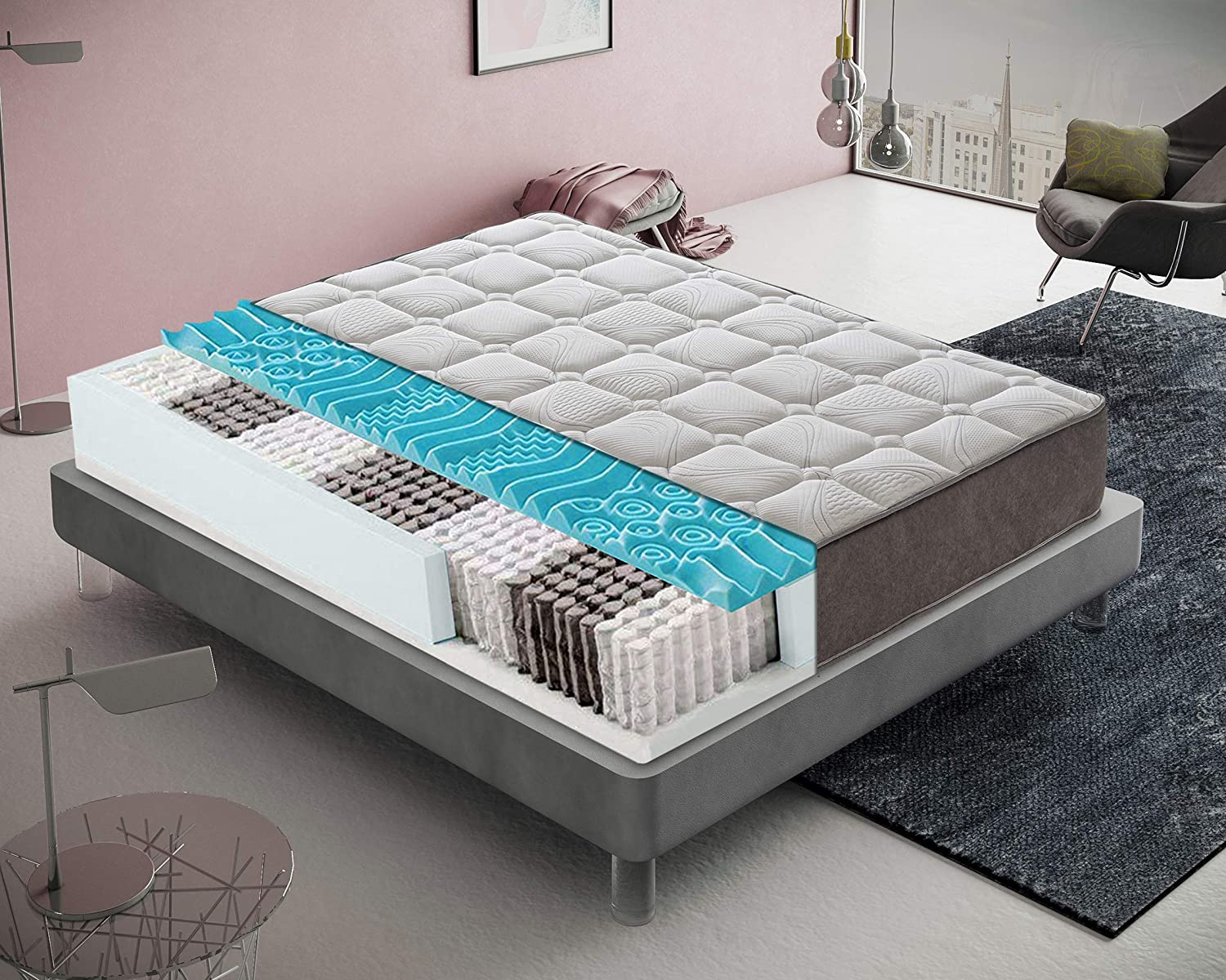 Materasso Ortopedico a 800 Molle Insacchettate Indipendenti, Alto 25 cm, 4 cm Memory Foam, Altamente Traspirante, ottimo sostegno, 13 Zone differenziate, 100% Made in Italy